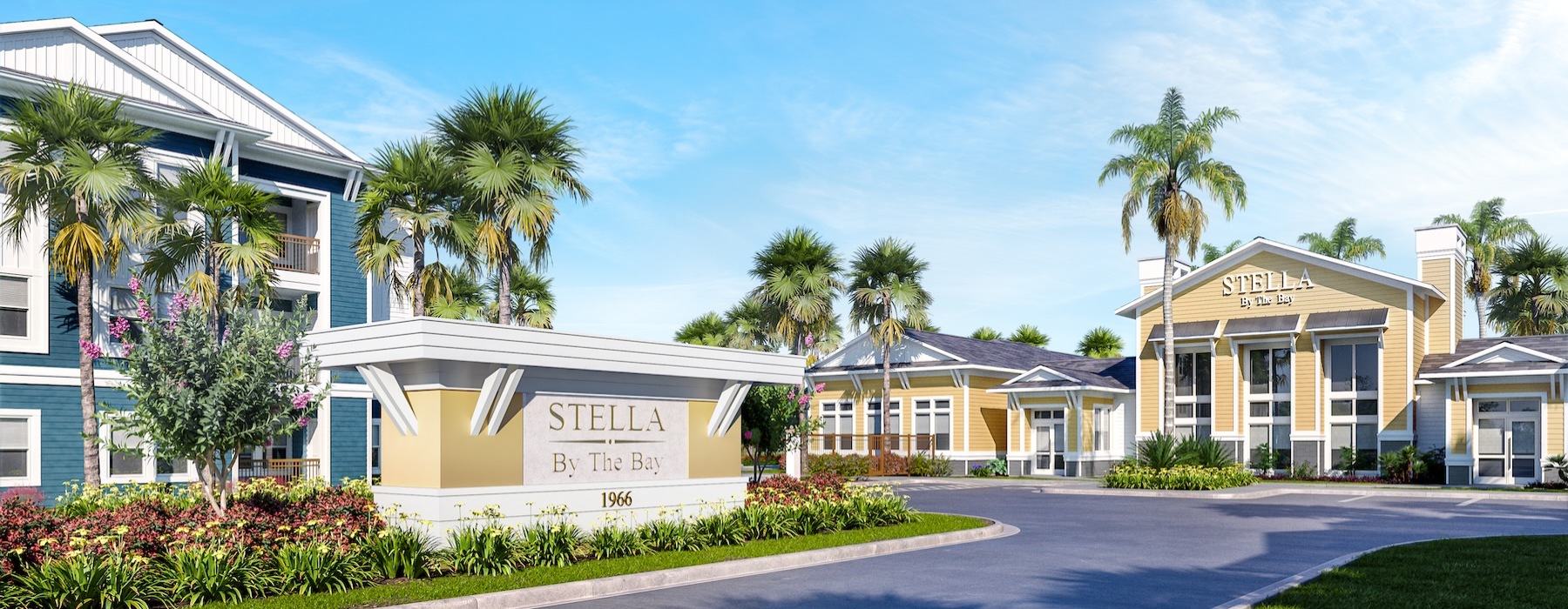 buildings with a sign and trees