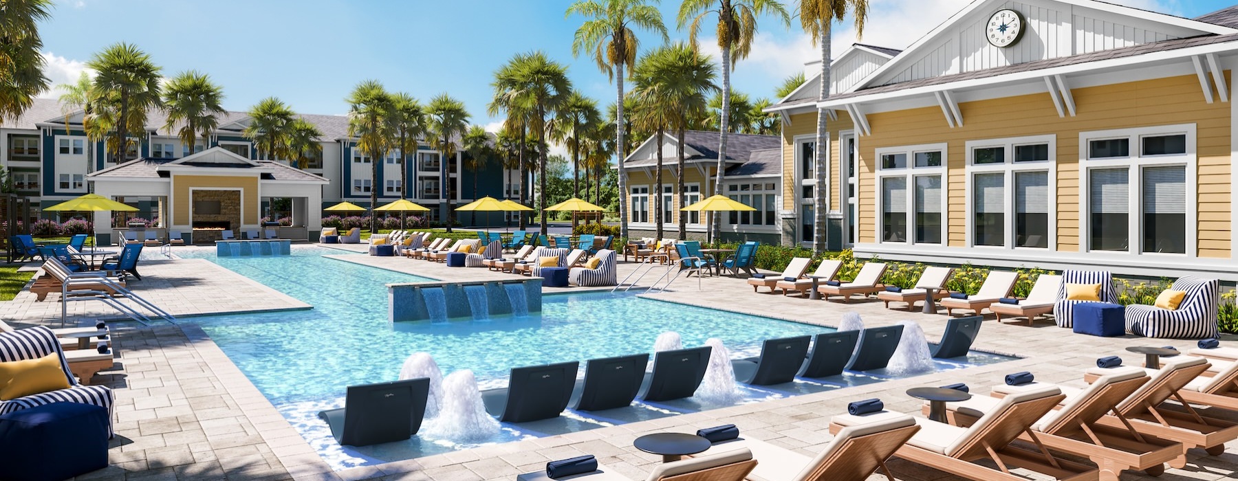 a swimming pool with lounge chairs