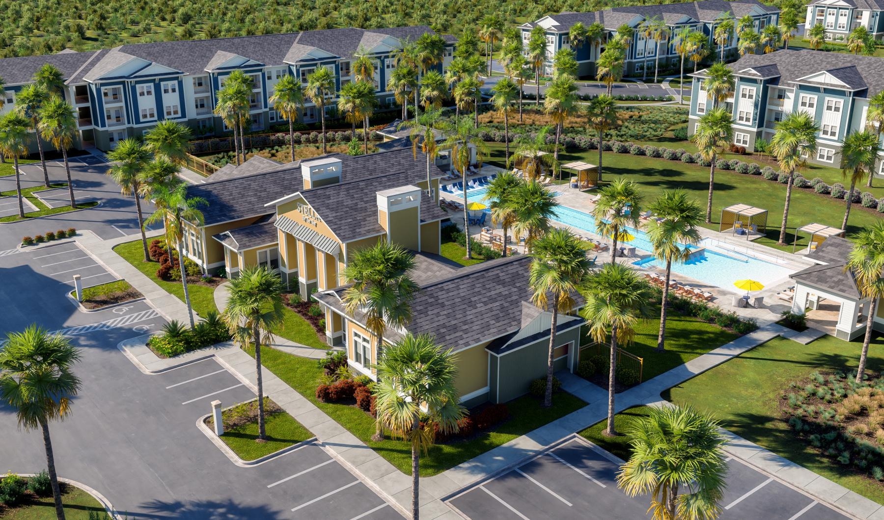 an aerial view of an apartment complex