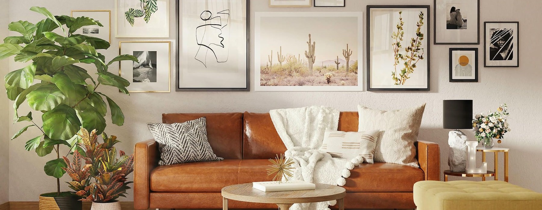 a living room with a couch and a plant