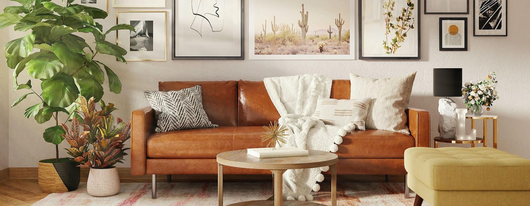 a living room with a couch and a plant